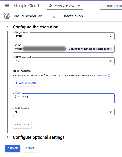 cloud scheduler http configure